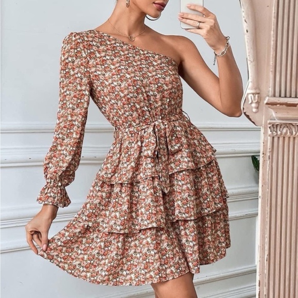 Pretty Garden Pink Floral One Shoulder Tiered Ruffle Boho Mini Belted Dress XL